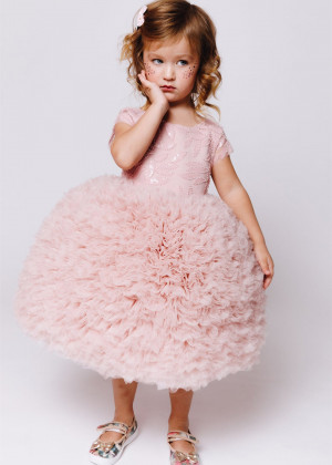 Cap Sleeves Beaded Pink Tulle Ruffle Flower Girl Dress